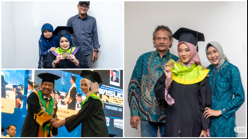Selamat dan semoga suskes selalu! Sherlita Restu Khairina, lulusan Prodi S-1 Tata Rias (kiri bawah); Desy Ramadhani Maghfiroh Ayu Putri atau Fira lulusan S-1 Desain Komunikasi Visual (kanan); dan Nurul Aisyah, lulusan program magister Unesa (kiri atas).